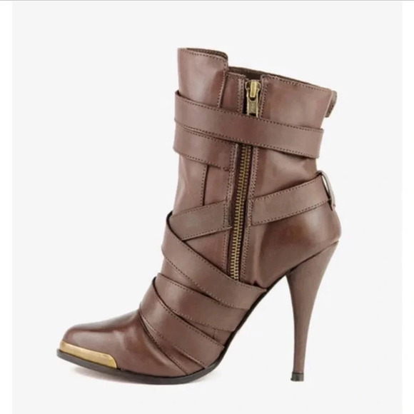Joie santo crisscross leather bootie gold Cap toe wrap straps chocolate taupe - Picture 2 of 14